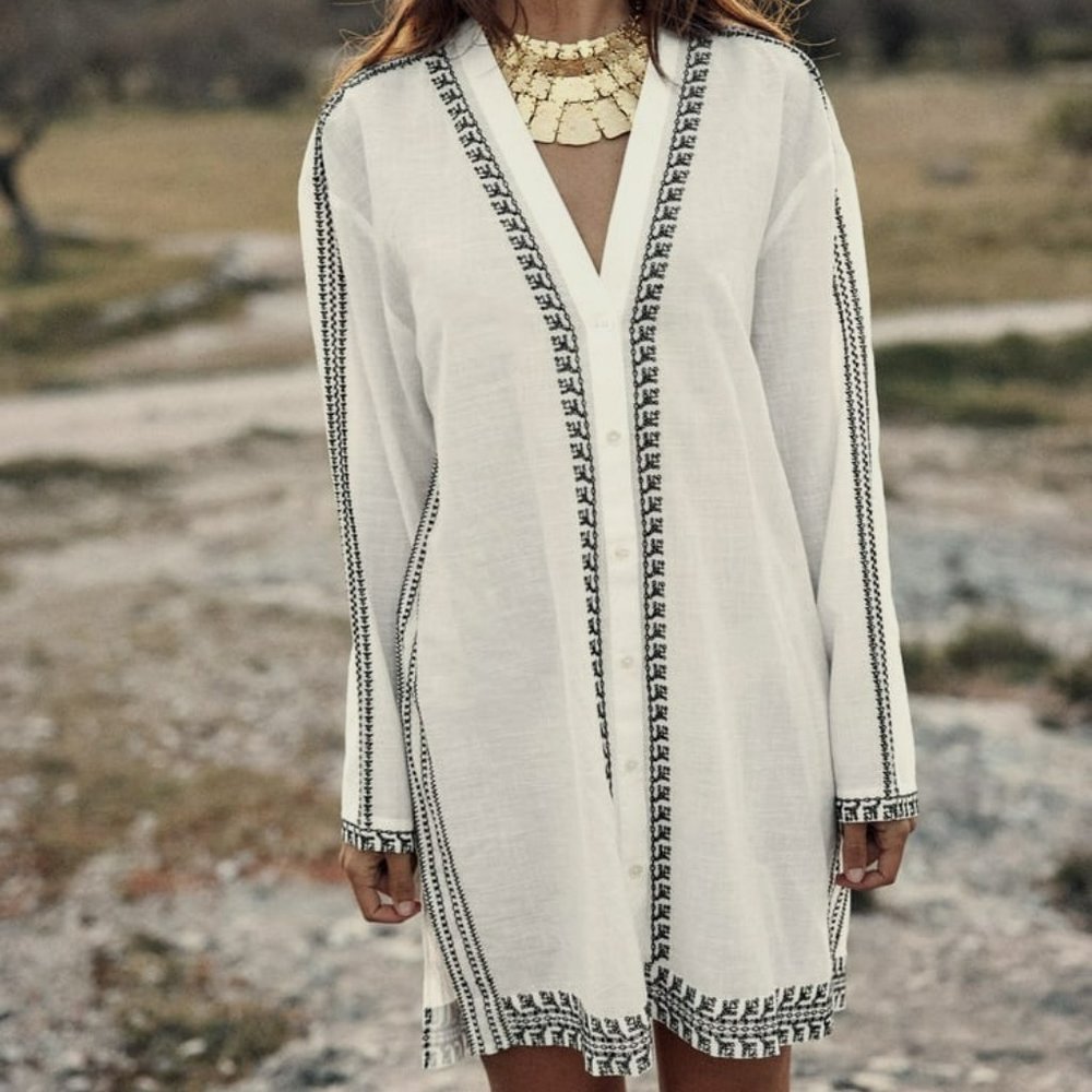 ZARA EMBROIDERED TUNIC DRESS WHITE SIZE M,  L